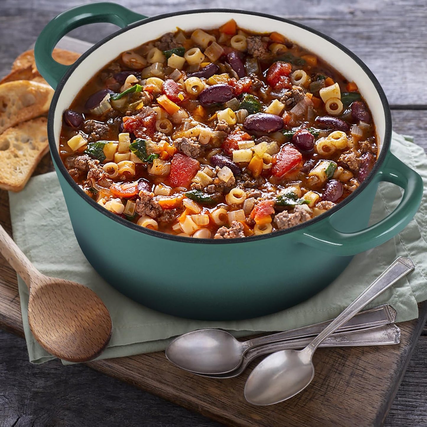 E-far 3 Qt Enameled Cast Iron Dutch Oven with Lid, Small Round Nonstick Dutch Oven Pot for Bread Baking Braising Stews Roasting Cooking, Heavy Duty, Induction & Oven Safe - Forest Green