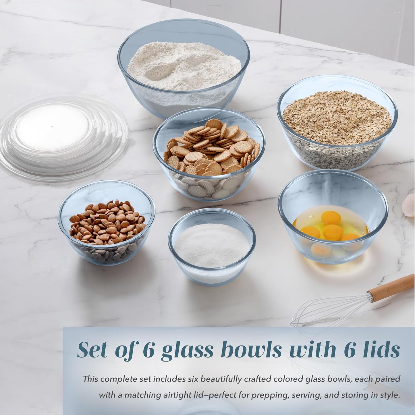 COOK WITH COLOR 12 Pc Glass Mixing Bowl Set with Lids – Borosilicate Glass Nesting Bowls for Cooking, Baking and Meal Prep, Colored Blue