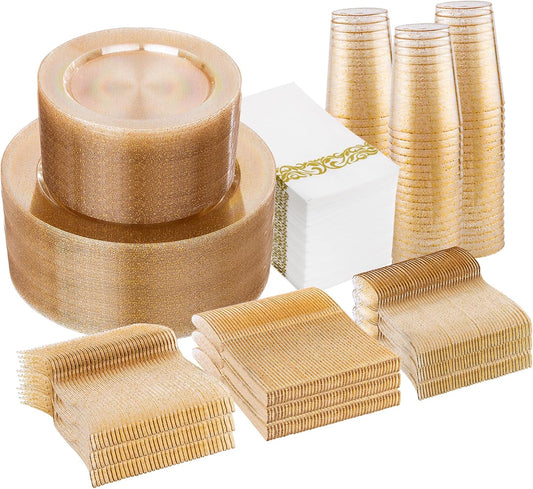 I00000 700 Pcs Gold Glitter Plastic Dinnerware Sets, Disposable Plates for Party, Include: 100 Dinner Plate,100 Dessert Plate,100 Paper Napkins, 100 Cups,100 Plastic Silverware Set