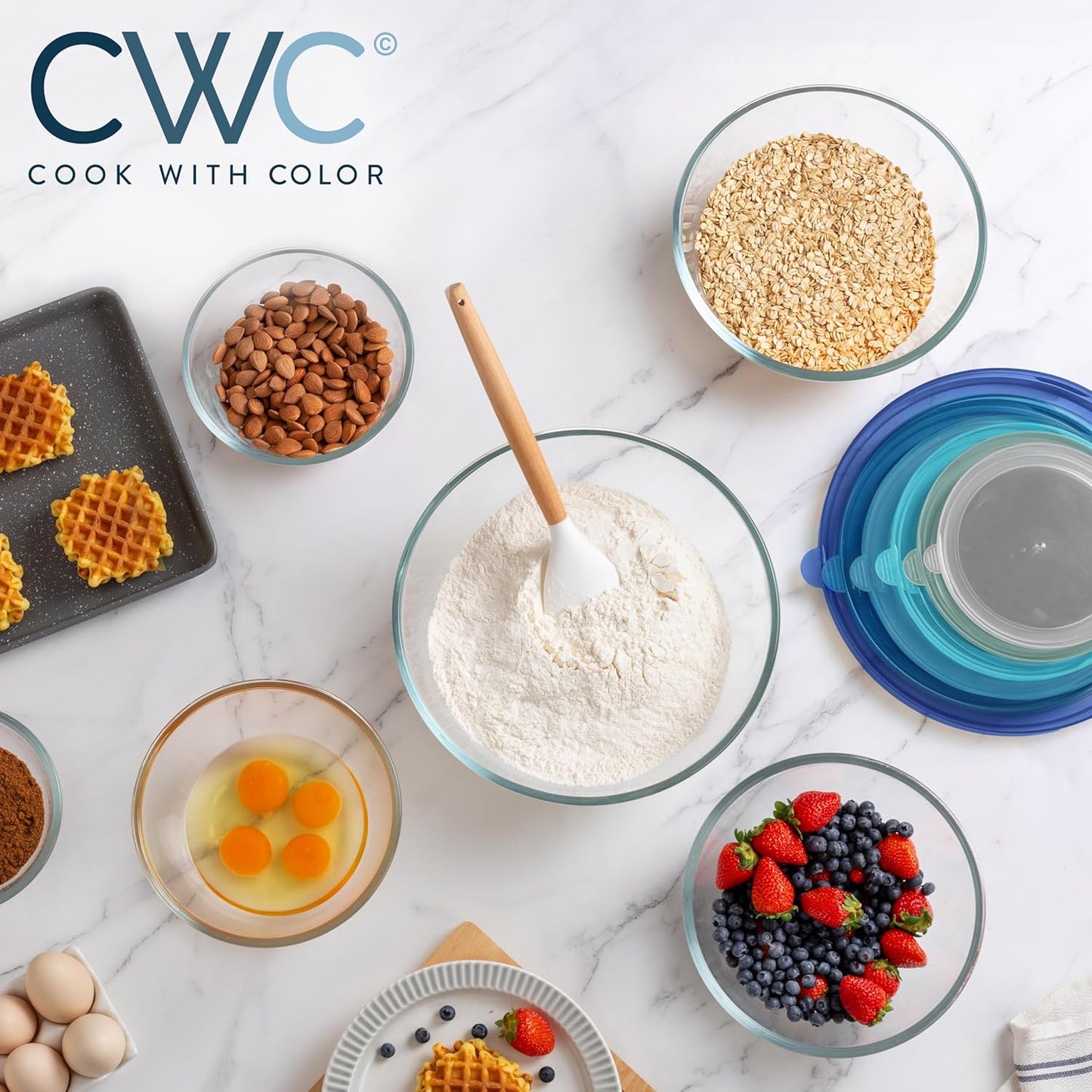 COOK WITH COLOR 12 Pc Glass Mixing Bowl Set with Lids – Borosilicate Glass Nesting Bowls for Cooking, Baking and Meal Prep, Blue