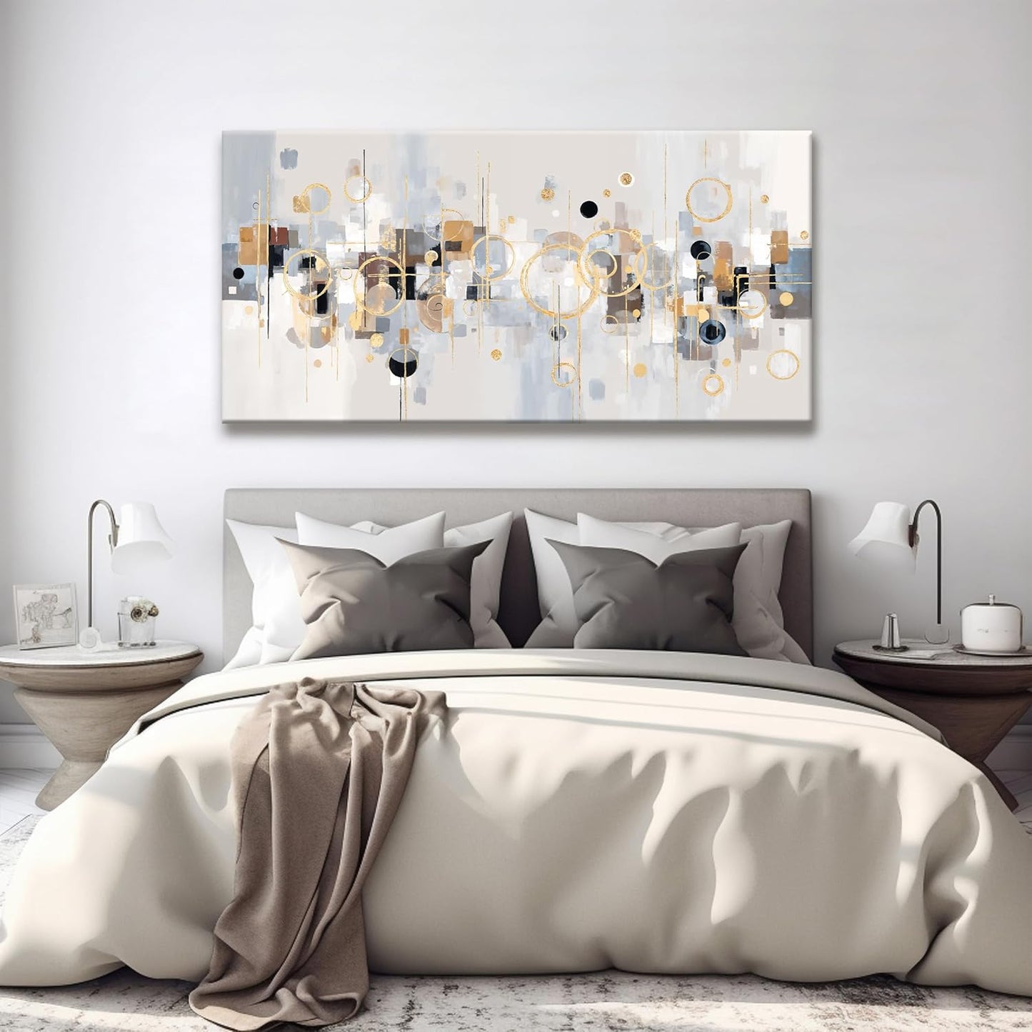 Abstract Gold Circles Grey Wall Art Decor Modern Minimalist Circles Artwork Canvas Wall Art For Bedroom Living Room Kitchen Office Home Wall Decor Ready To Hang 24x48 Inch