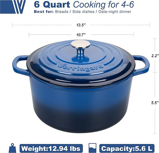 Enameled Cast Iron Dutch Oven Pot with Lid, for Sourdough Bread Baking, Round Dutch Ovens, 6 Quart, Blue