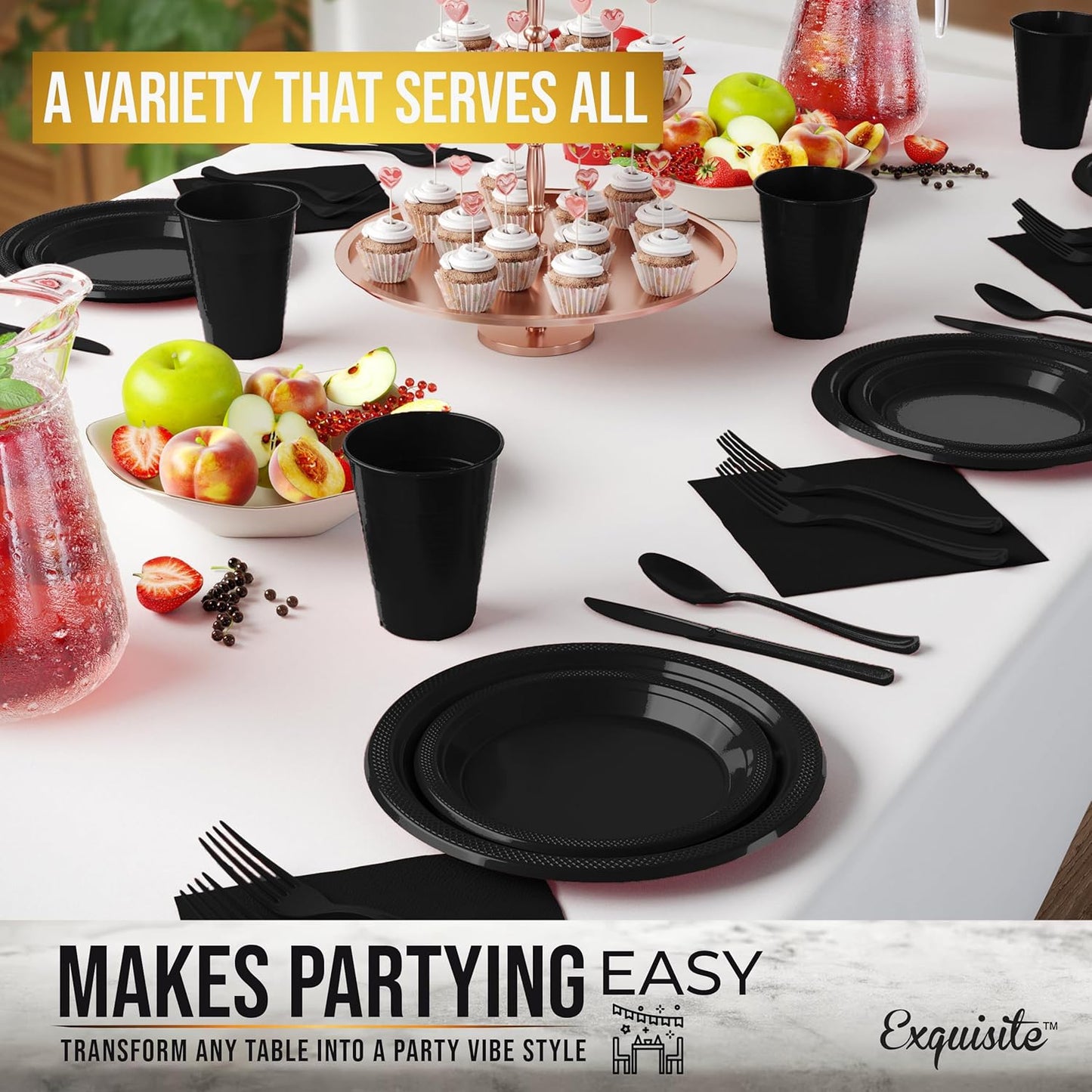 Party Solids 350 Pieces Black Plastic Plates For Party, Black Disposable Plates Set, 50 Of Each 9" Dinner Plate Set, 7" Dessert Plate, Cups, Napkins & Cutlery Plastic Dinnerware