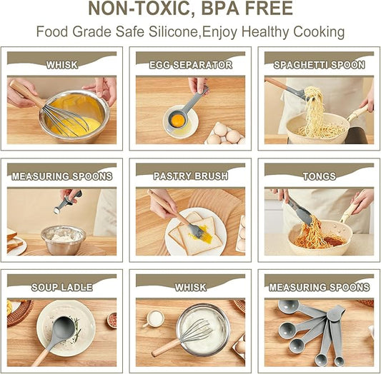 Kitchen Utensils Set - 34 PCS Non-Stick Silicone Cooking Utensils Set with Wooden Handle,Kitchen Gadgets Tools Set for Nonstick Cookware (Gray-34P)