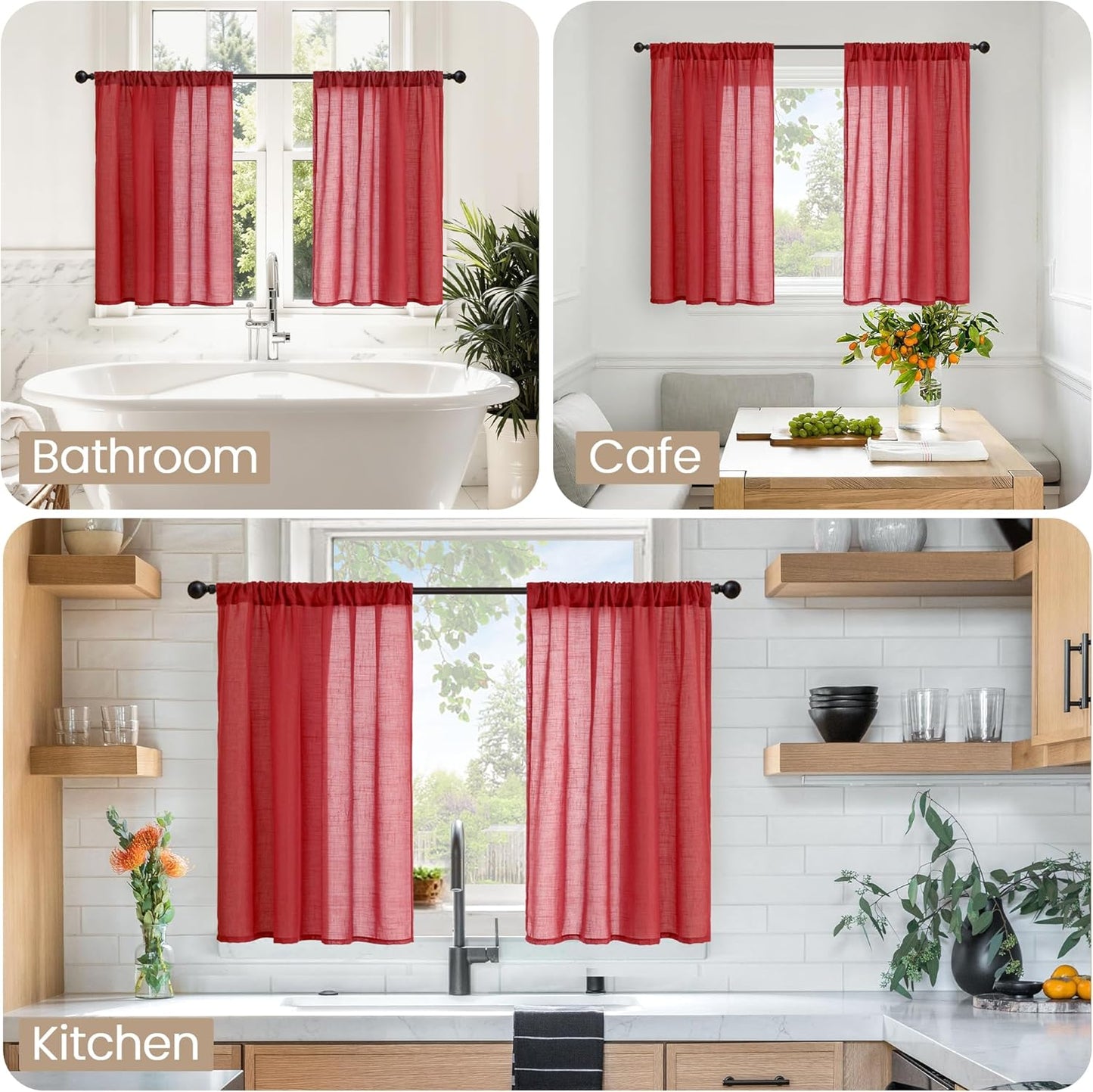 BGment Red Linen Curtains 40 Inch Length for Kitchen Window, Short Semi Sheer Drapes with Rod Pocket for Cafe Over Sink Bathroom Lightweight Christmas Party Decor, 2 Panels, Each 30 Inch Wide