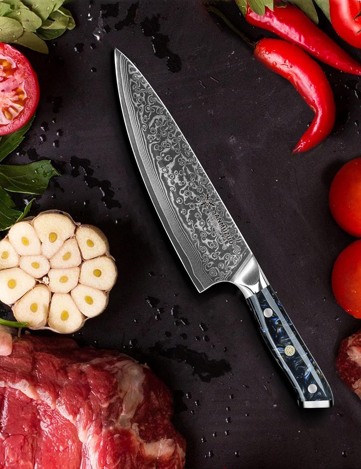 Chef Knife - 8 inch - Xuan Series - VG10 Damascus Steel Kitchen Knife - Resin Handle (Starry Black)
