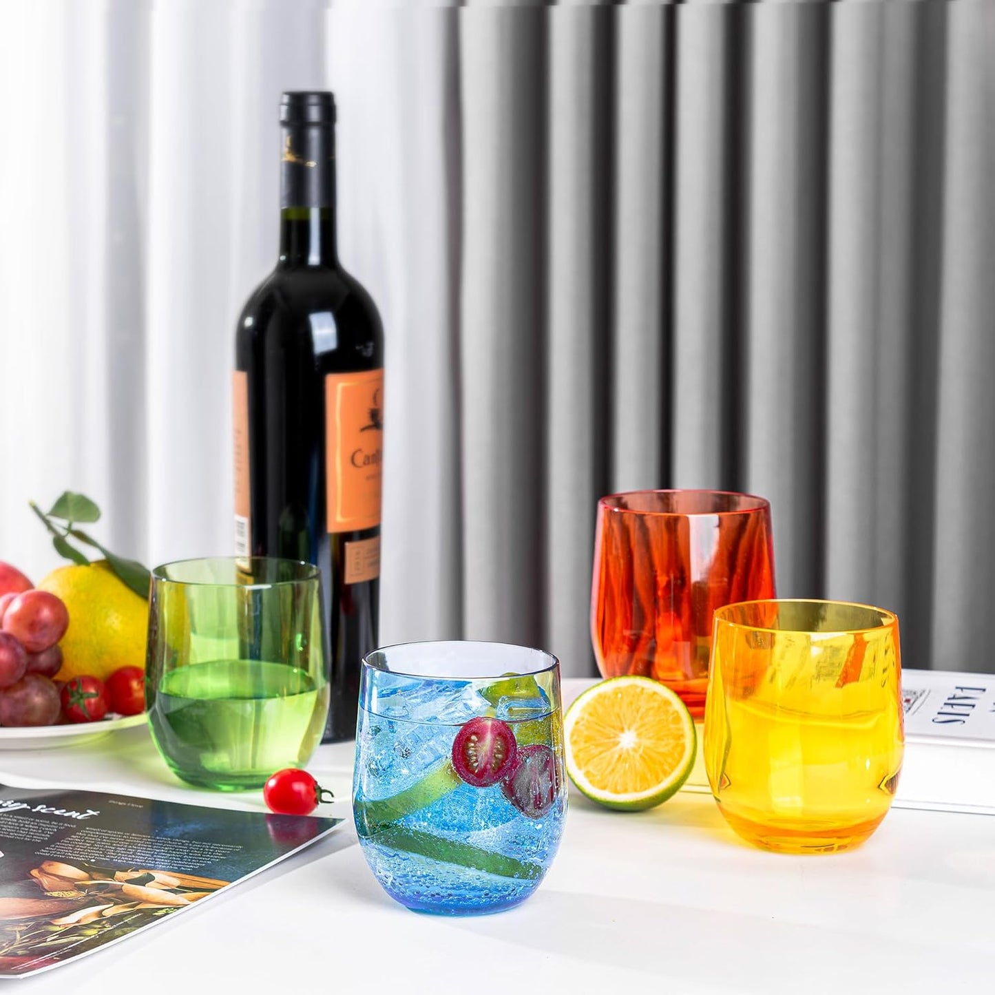 14-ounce Plastic Stemless Wine Glasses, All Purpose Arcylic Glasses, set of 12 Clear Reusable Shatter-resistant Dishwasher Safe