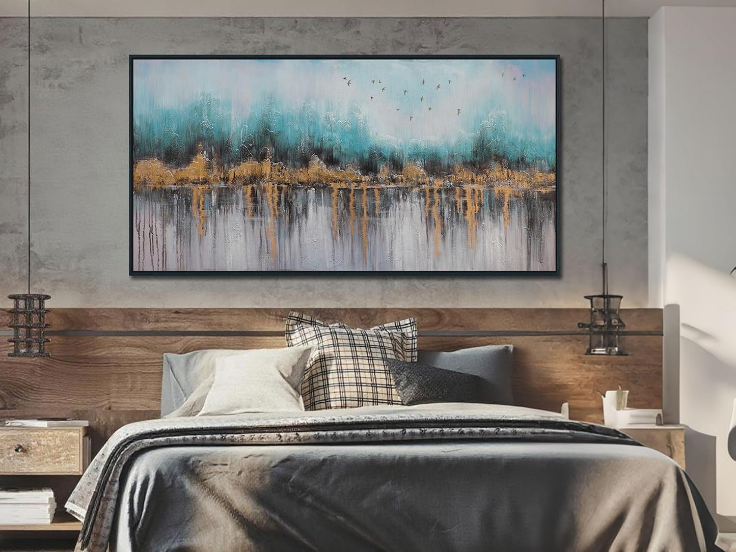 Ardemy Abstract Wall Art for Living Room Large Framed Teal Pictures Wall Decor Canvas Art Landscape PaintingsTextured Artwork Wall Art for Men Bedroom Home Office, 48"x24"