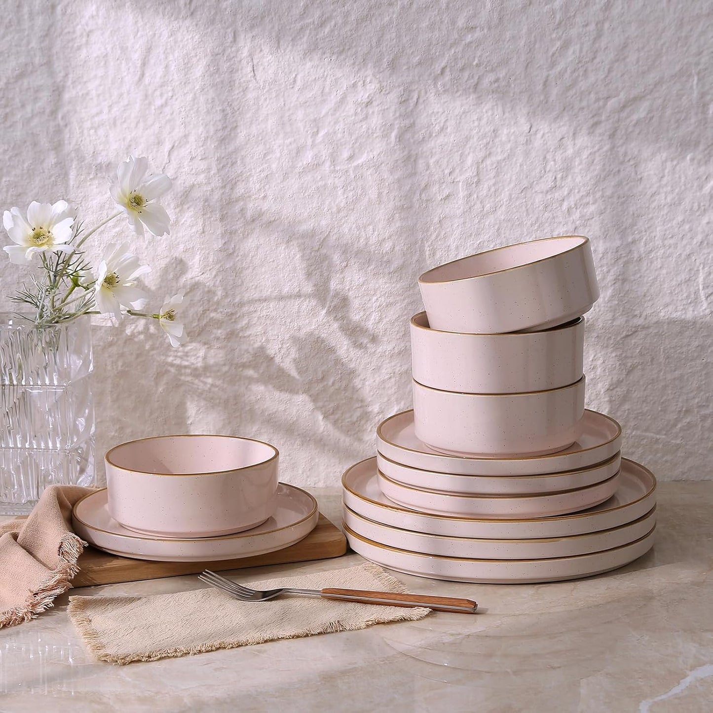 Famiware Nebula Plates and Bowls Sets for 4, 12 Pieces Stoneware Dinnerware Set, Microwave and Dishwasher Safe Dishes Set, Light Pink with Brown Rim