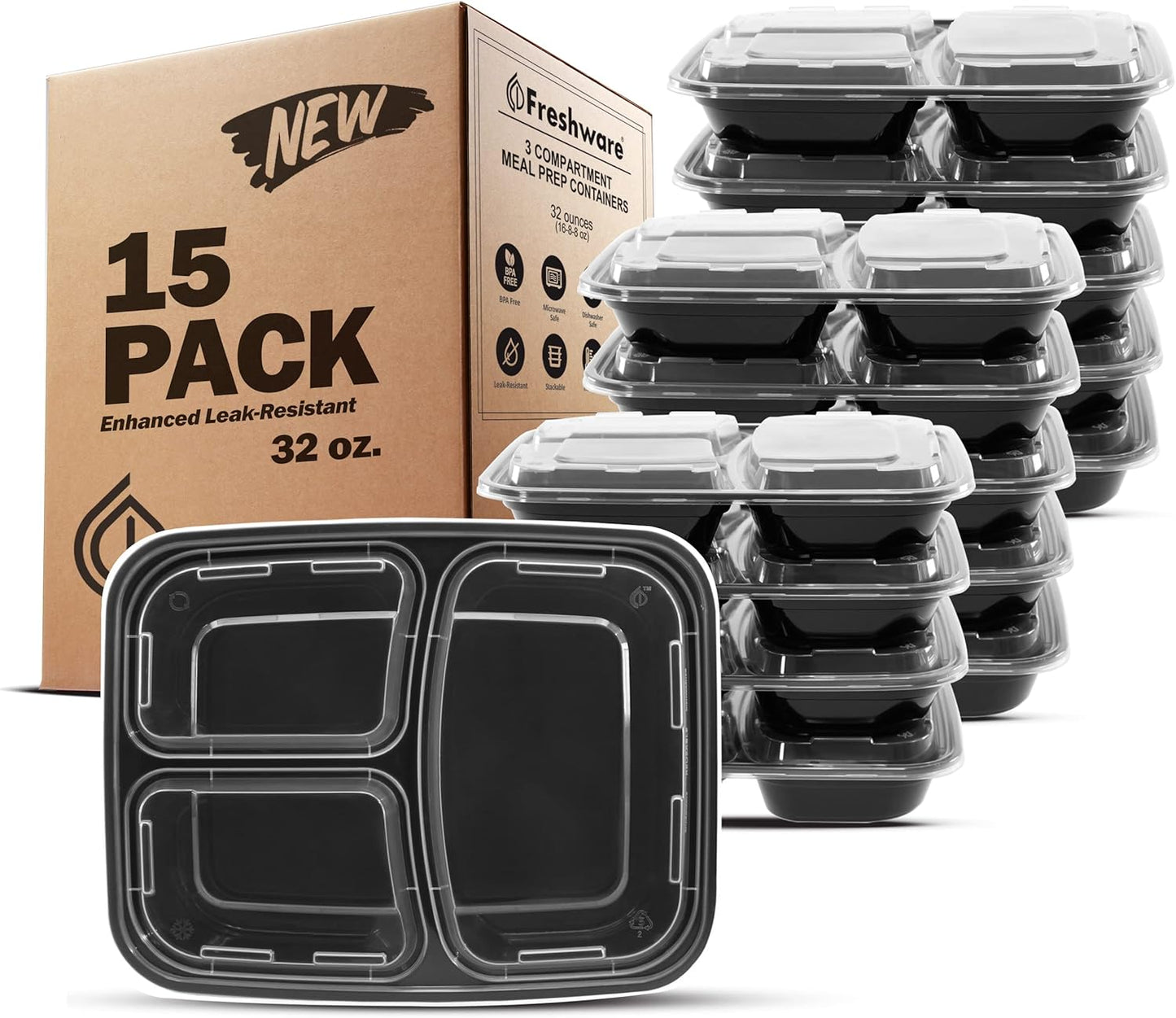 Freshware Meal Prep Containers with Lids [15 Pack] 3 Compartment, Food Storage Containers, Bento Box, BPA Free, Stackable, Microwave/Dishwasher/Freezer Safe (32 oz)
