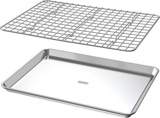 Baker's Secret Non Toxic Bacon Tray for Oven, PTFE, PFAS, PFOA Free, 100% Recycled Aluminum, Bakeware Set Cookie Sheet 18" with Stainless Steel Rack Never Rust - The Natural Aluminum Collection