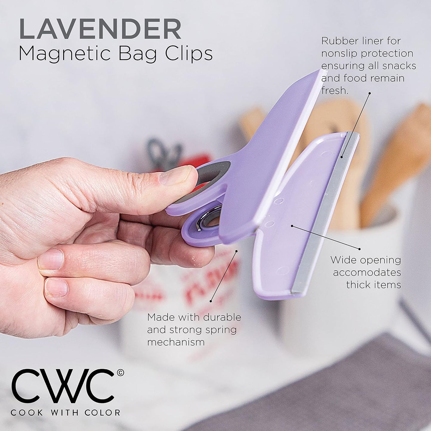COOK WITH COLOR Bag Clips - Heavy Duty Chip Clip and Refrigerator Magnet Clips for Food Storage with Air Tight Seal Grip, Lavender, Pack of 8