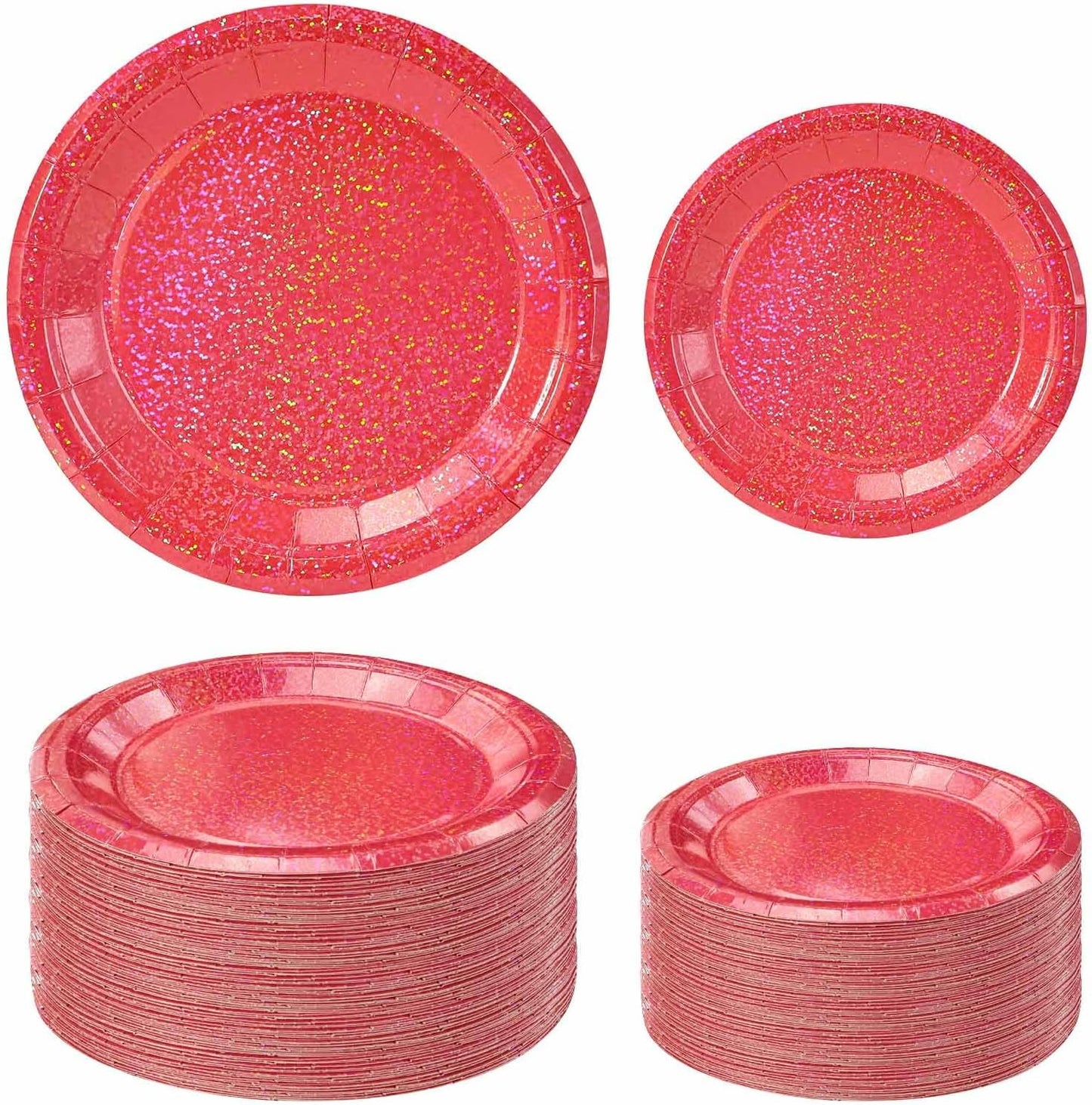 50 Pcs Iridescent Red Paper Plates 25 × 7'' and 25 × 9'' Disposable Red Shiny Holographic Foil Dinner Plates for Wedding Baby Shower Birthday Christmas Party Glitter Dessert Plate