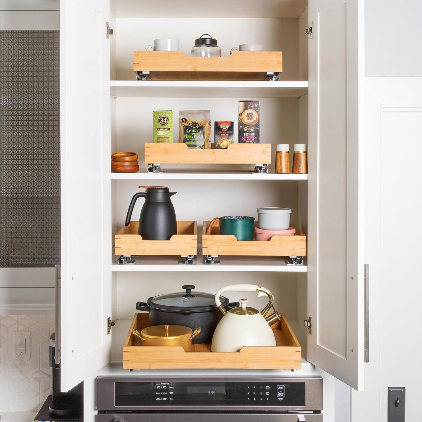 HOLDN’ STORAGE Bamboo Wooden Pull out Cabinet Organizer 11" W x 20" D - Requires At Least a 12.25" W x 21" D. Cabinet Opening. W/Lifetime Limited Warranty. Bamboo Tray and Heavy gauge metal rails.