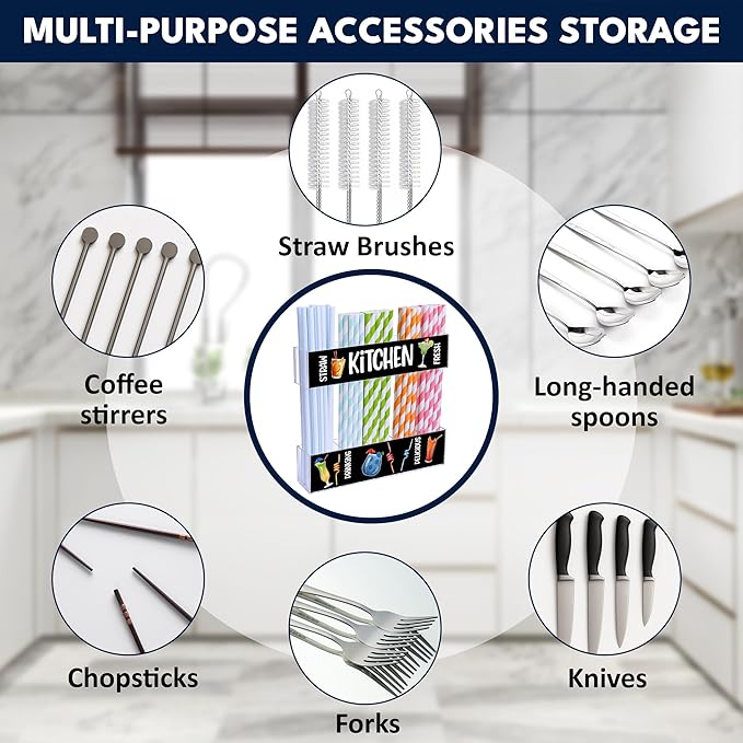 Acrylic Straw Holder for Cabinet Door or Countertop - Clear Organizer & Dispenser with 3 Sets of Decorative Stickers for Reusable Straws, Space-Saving Kitchen Storage, Pantry Organizer