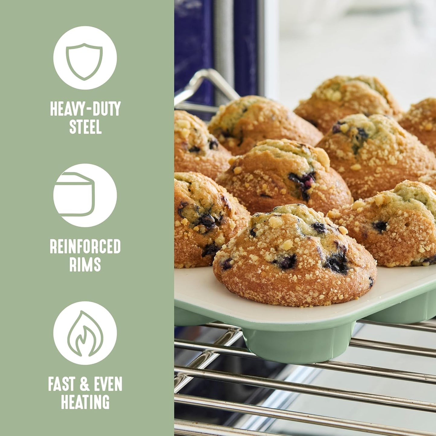 GreenLife 6 Piece Nonstick Bakeware Set, Non-Toxic PFAS-Free Ceramic Oven Pans, Dishwasher & Oven Safe to 450°F, Easy Release Baking Sheet, Loaf Pan, Rectangle & Round Cake, Muffin Pan, Sage
