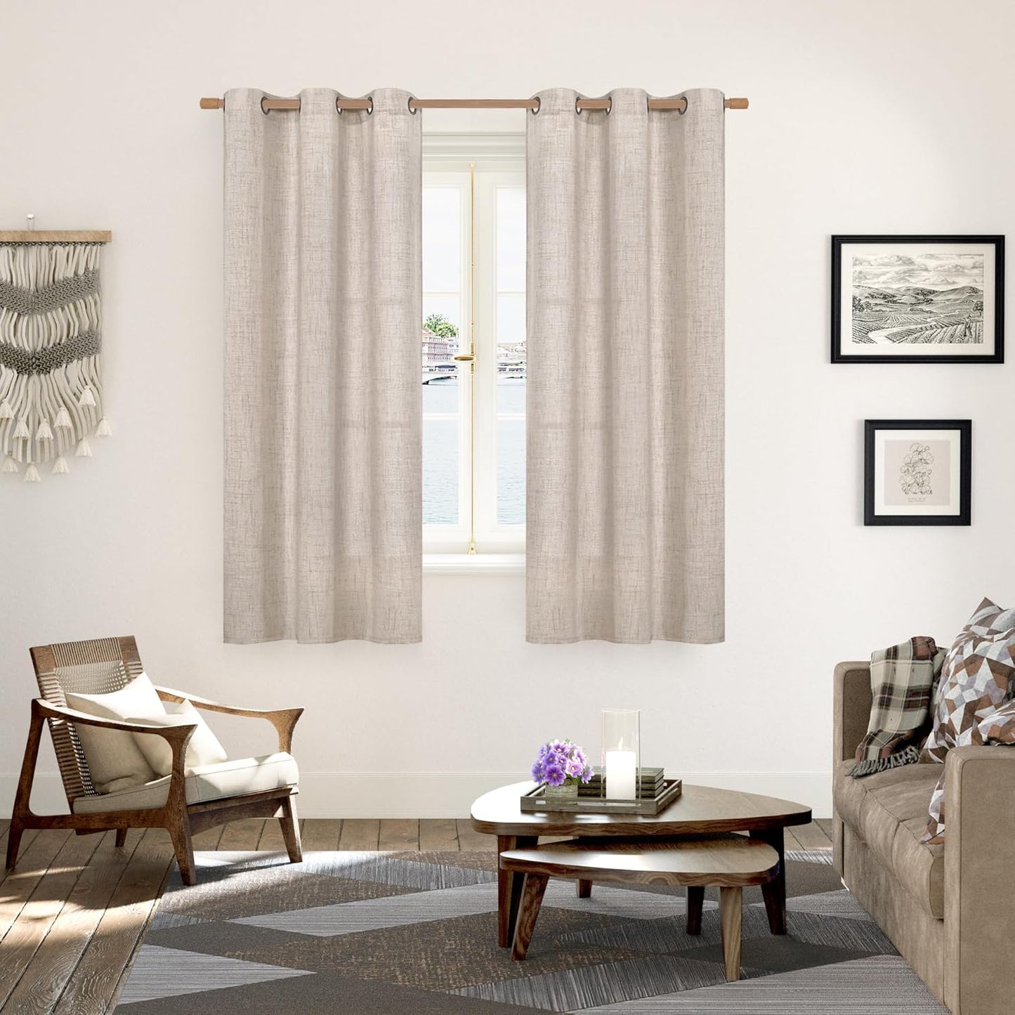 YoungsTex Natural Linen Curtains 63 Inches Long for Living Room, Beige Light Filtering Drapes Semi Sheer Textured with Bronze Grommet Privacy for Bedroom, 2 Panels, 42 X 63 Inch