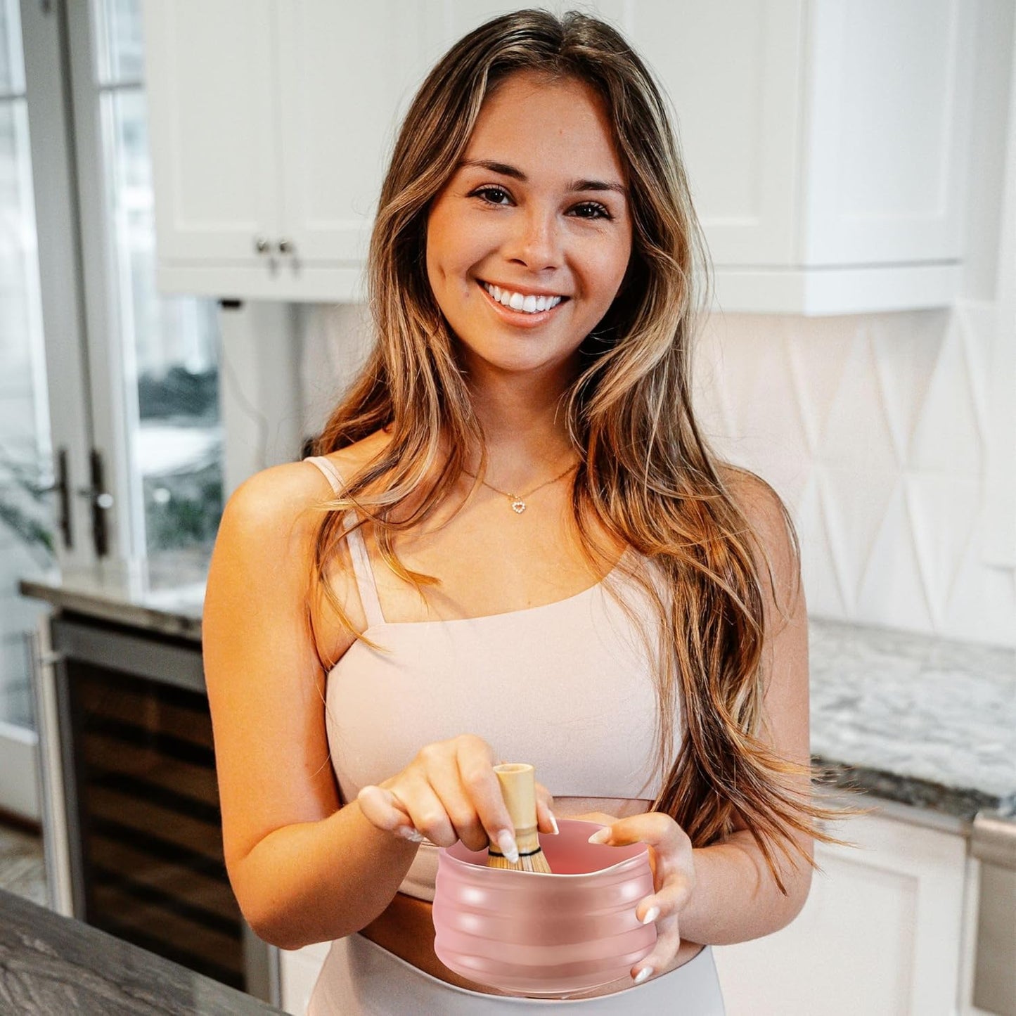 Matcha Whisk Set- Matcha Set includes Matcha Bowl, Sifter, Holder and Scoop- The Perfect Bamboo Whisk for Matcha Tea (Pink)