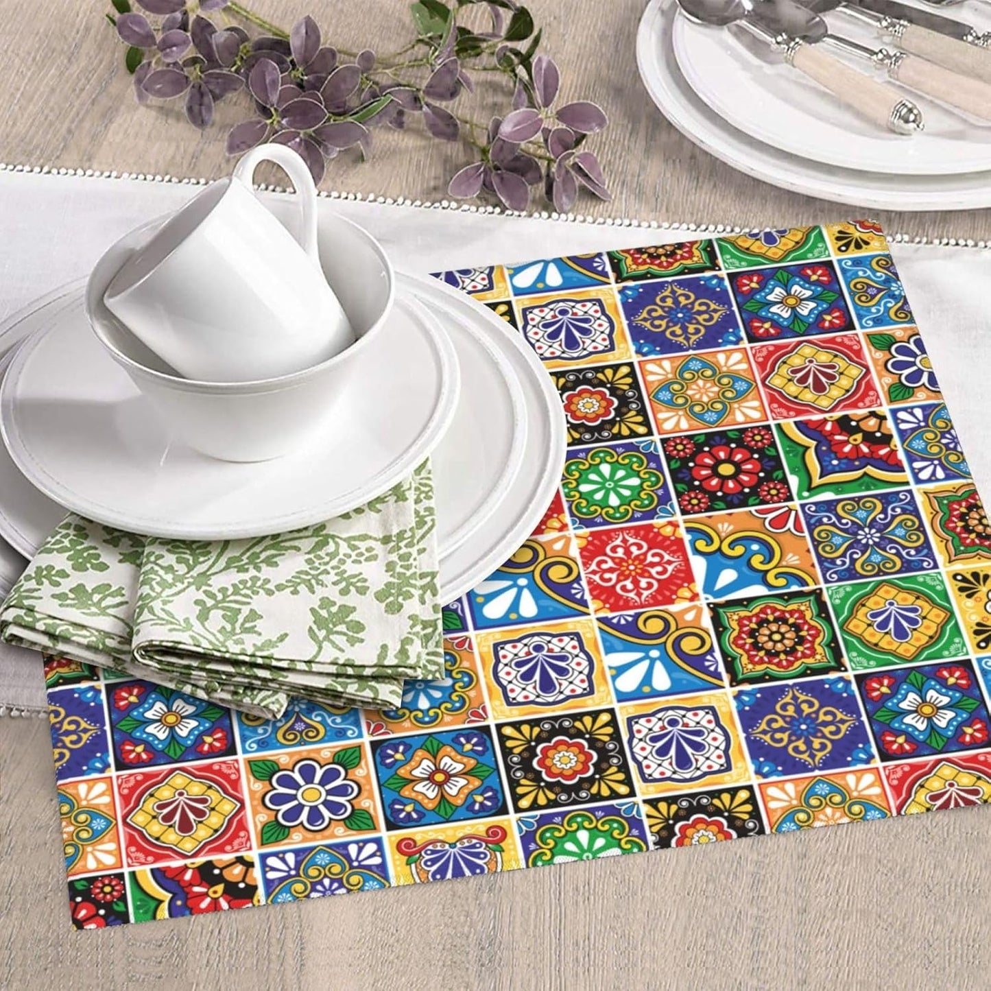 Colorful Mexican Talavera Tile Dish Drying Mats for Kitchen Counter & Sink, Absorbent Microfiber Drying Pad for Dishes, Washable Foldable Bohemian Kitchen Mat for Dining Area & Home Decor, 16" x 18"