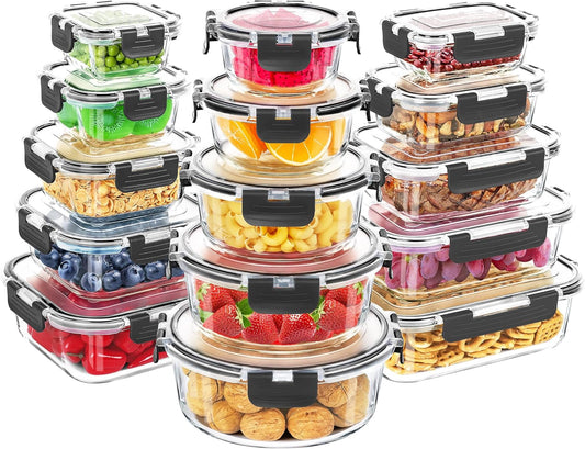 Skroam Glass Food Storage Containers, [15 Pack] Glass Meal Prep Containers, Lunch Bento Boxes with Leak Proof Lids for Microwave,Freezer and Dishwasher, BPA Free- Grey