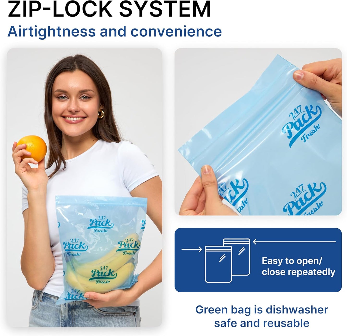 Freshpack 247 Zipper Bag, Size M 25×30 cm (4 L) – Reusable Food Storage Bags For Lunch, Helps Keep Food Fresh up to 3× Longer – Biodegradable, BPA-Free, UV-Shielded, Washable, SGS Tested