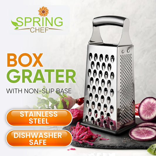 Spring Chef Professional Large Parmesan Cheese Grater, Stainless Steel Metal Box Grater with Handle, 4 Sided Handheld Kitchen Food Shredder for Cheese, Carrot, Veggie, Ginger, Potato - Dishwasher Safe