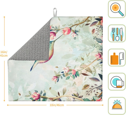 Hummingbird Flowers Dish Drying Mat 16x18 Inch, Microfiber Absorbent Fast Dry Mat Large Dish Mat Drying Kitchen Mat, Kitchen Drying Pad for Kitchen Counter Coffee Bar Decor Gifts