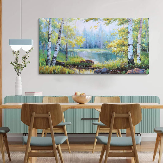 YCPRIMER Birch Tree Wall Art for Living Room Forest Wall Decor Green Trees Picture Lake Forest Landscape Painting Home Bedroom Decoration Green and White Artwork Decor Size 29×58Inch