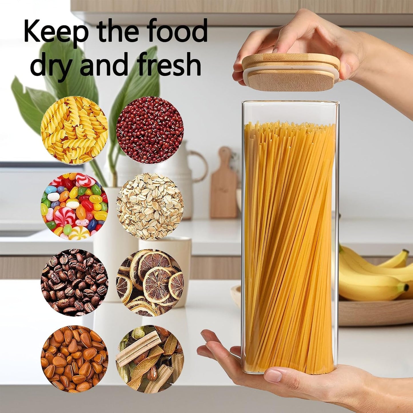 2.2 Qt Square Glass Storage Containers with Lids, Clear Food Storage Container Jar with Sealing Bamboo Lid Storage Containers for Pasta, Oats, Coffee, Flour, Sugar, Square Set-3Pack