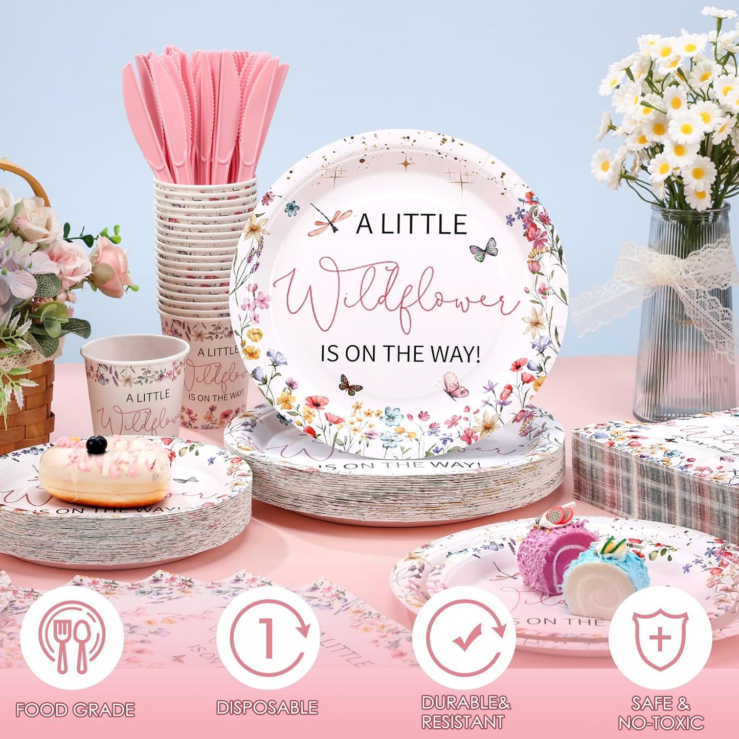 Dandat 350 Pcs Baby Shower Plates Set Baby Shower Party Supplies Serves 50 Tableware Sets Include Plates Napkin Cup Forks Knives Spoons Disposable Dinnerware(Wildflower,Pink)