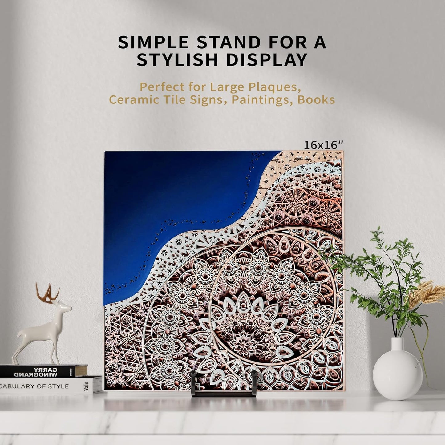 4 Pack 8 Inch Large Plate Stands for Display - Metal Square Wire Plate Holder Display Stand + Picture Stand for Book, Platter, Plaque, Photo Easel