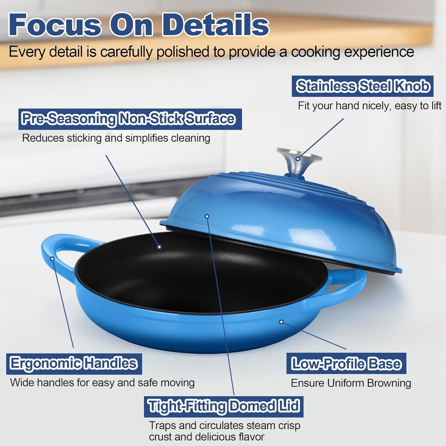 TeamFar Cast Iron Bread Dutch Oven, 6 Qt Enameled Dutch Oven Pot for Sourdough Bread Baking, with Tall Dome Lid & Round Base Pan, Self-Basting & Even-Heating, Heavy-Duty & Non-stick, Blue