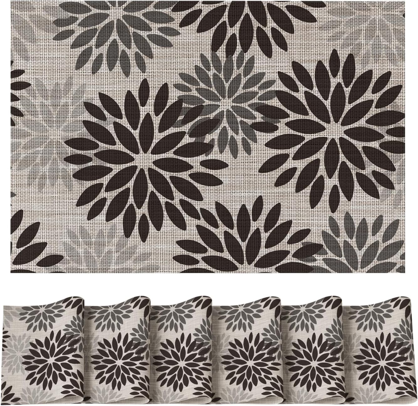 Artoid Mode Floral Vinyl Placemats Set of 6, Heat Resistant Washable Non-Slip Plistic PVC Place Mats for Party Kitchen Dining Decor, Black