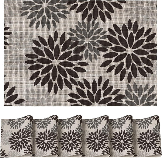 Artoid Mode Floral Vinyl Placemats Set of 6, Heat Resistant Washable Non-Slip Plistic PVC Place Mats for Party Kitchen Dining Decor, Black