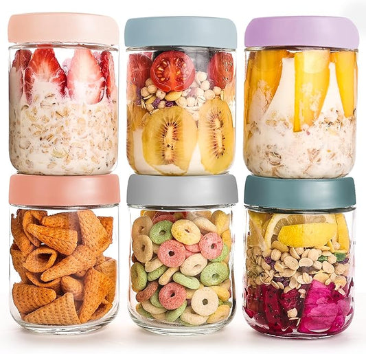 YUNCANG 6-pack Overnight Oats Containers with Airtight Lids, 16 oz Wide Mouth Mason Salad jars, Glass Food Storage Containers for Sugar Spice Yogurt Snacks