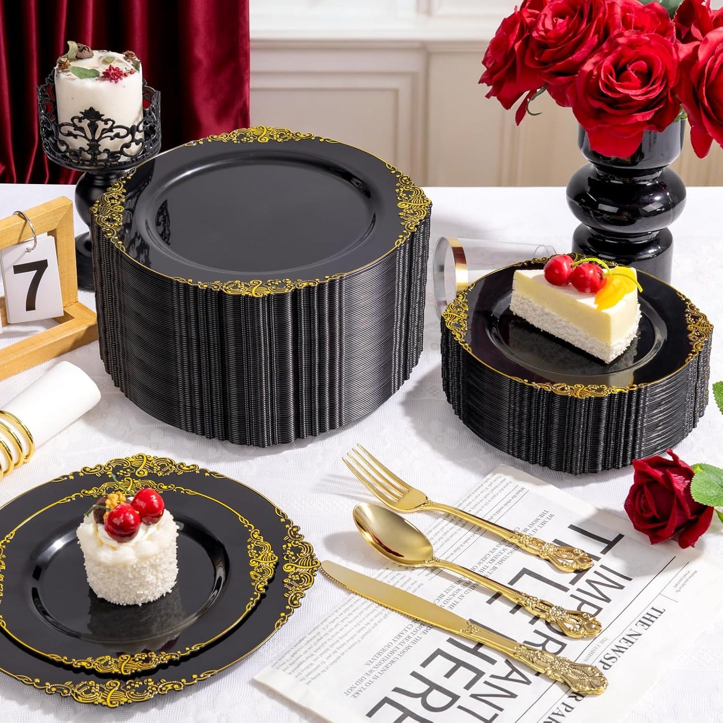 YOUBET 700PCS Black Plastic Plates - Black and Gold Plates - Gold Plastic Dinnerware Set Include 200 Disposable Plate, 300 Heavy Duty Silverware, 100 Cups, 100 Napkins for Wedding & Party & Halloween