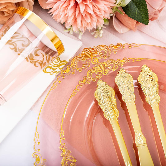 Hioasis 175pcs Burgundy and Gold Plastic Plates - Elegant Disposable Dinnerware Set Suitable for 25 Guests Include 10.25" Dinner & 7.5" Dessert Plates, Cutlery, Napkins, Cups for Party