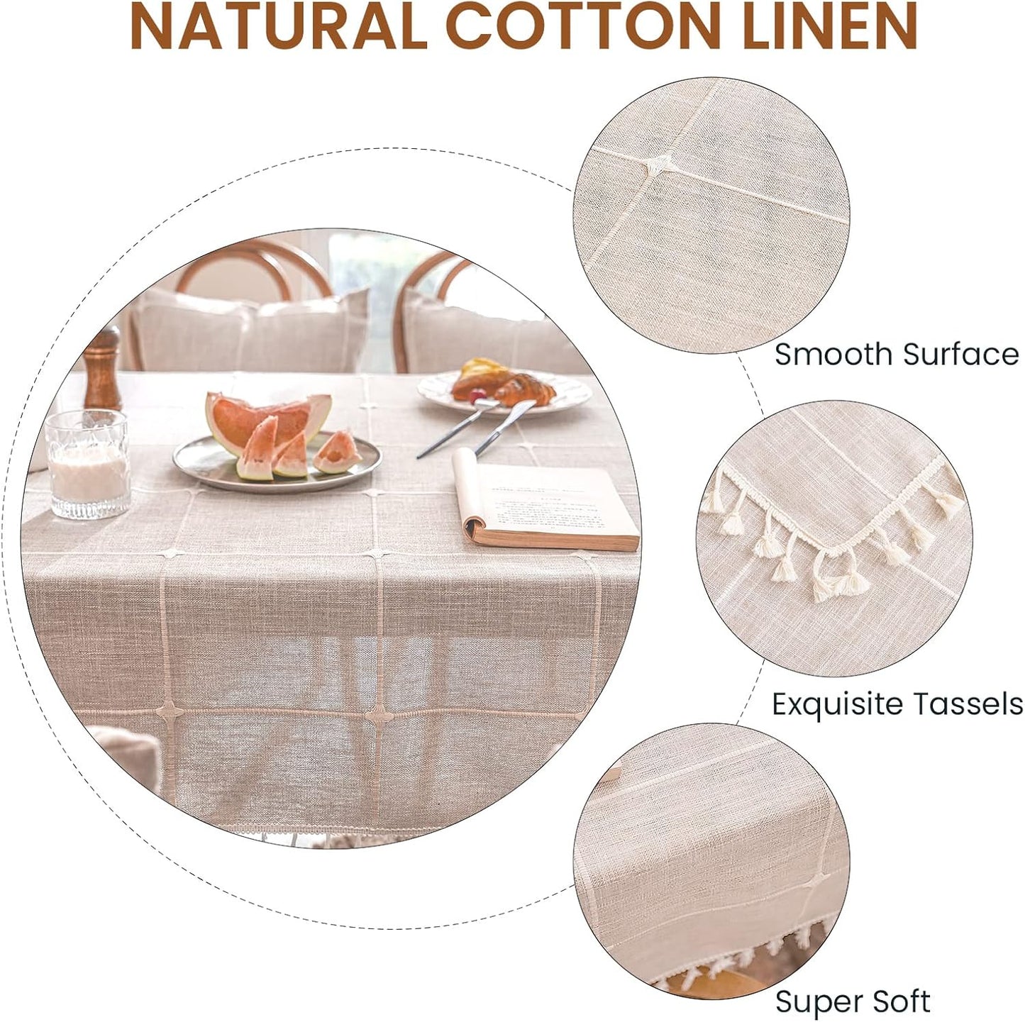 Deep Dream Tablecloths, Embroidered Waterproof Table Cloth Cotton Linen Wrinkle Free Anti-Fading Table Cover Decoration for Kitchen Dinning Party Christmas, 55 x 86 Inch - Light Brown