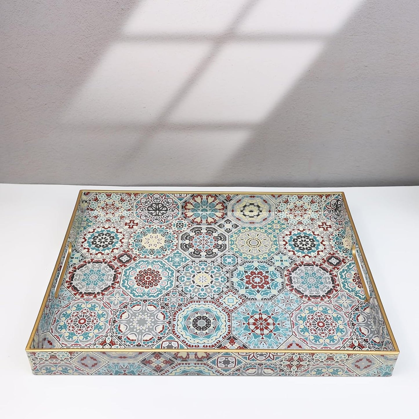 Spsyrine Decorative Serving Tray with Handles, Lacquered Coffee Table Tray for Ottoman, Rectangular Waterproof Platters for Centerpieces, Parties, Living Room, Kitchen Counter Organization SP3040RE2