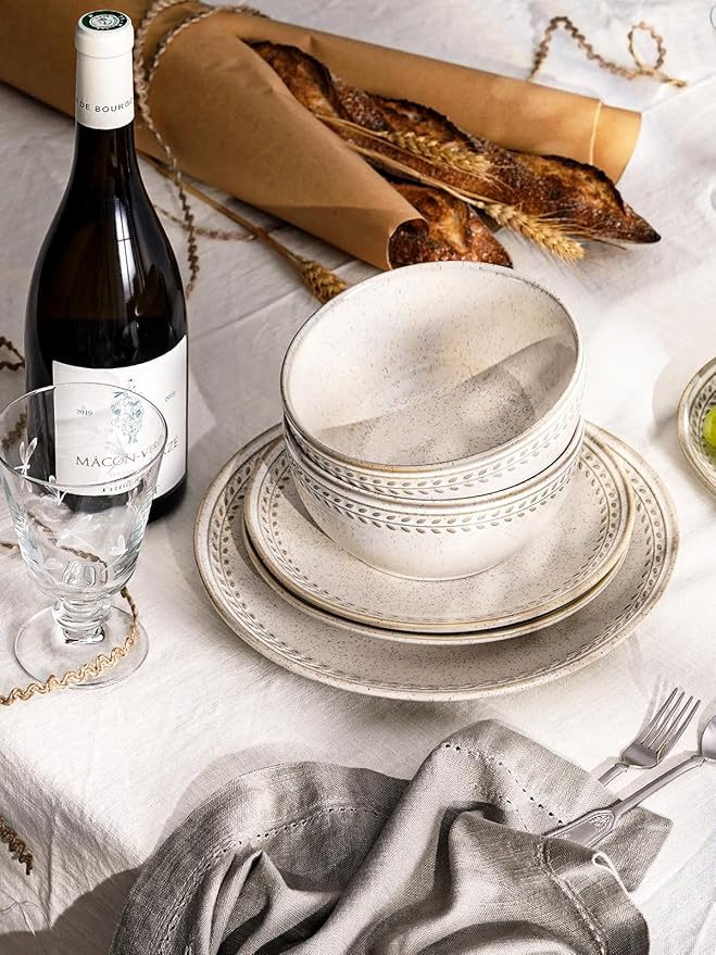 LE TAUCI Dinnerware Sets for 4, 12 Piece Ceramic Dish Set with Plates and Bowls | Oven/Dishwasher/Microwave Safe | Ideal for Housewarming | Reactive Beige (10" Plate+8" Dish+27oz Bowl)