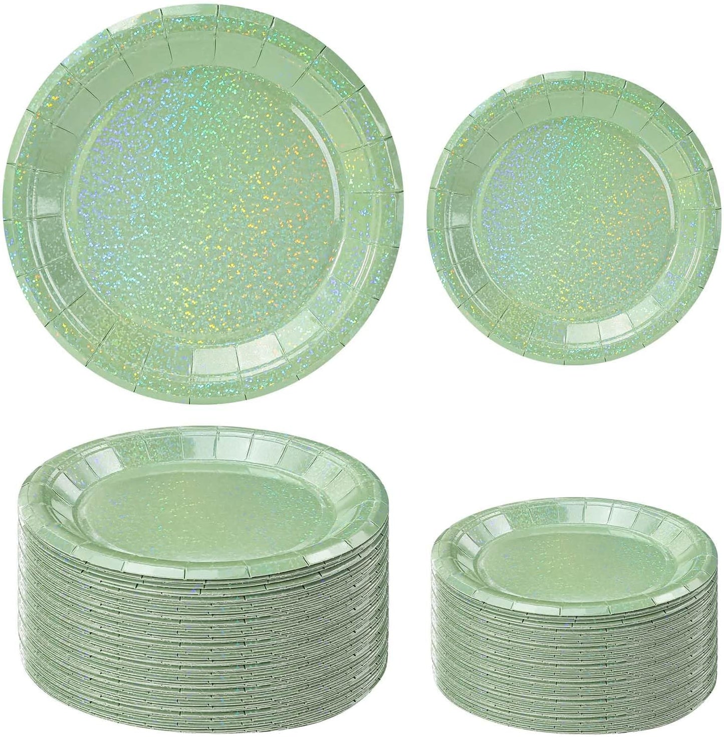 50 Pcs Iridescent Sage Green Paper Plates 25 × 7'' and 25 × 9'' Disposable Green Shiny Holographic Foil Dinner Plates for Wedding Baby Shower Birthday Party Glitter Dessert Plate