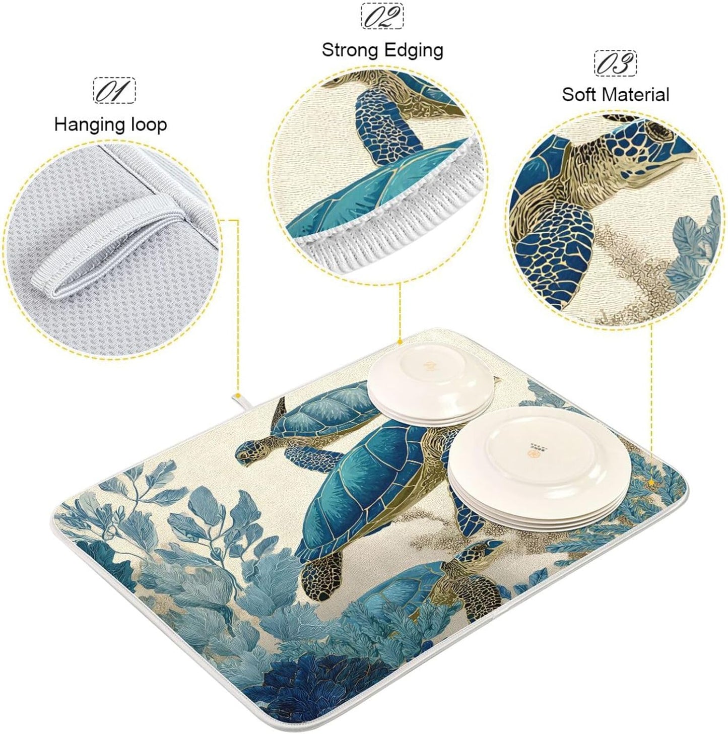 Watercolor Sea Turtle Dish Drying Mat Super Absorbent Drying Mat 18x24 inch Large Dish Drying Mats for Kitchen Counter Dish Drying Pads Kitchen Drying Matt for Countertop