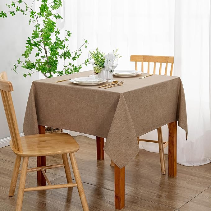 DWCN Square Faux Linen Tablecloth - Textured Waterproof Spill-Proof Wrinkle and Stain Resistant Table Cloth Decorative Fabric Farmhouse Table Cover for Kitchen Dining Party, 54 x 54 Inch, Khaki