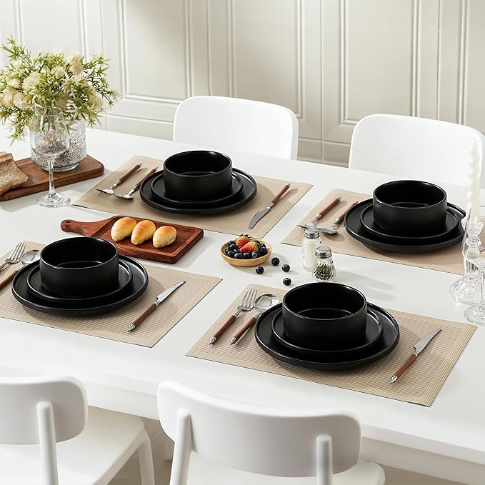 6 Piece Ceramic Dinnerware Set for 2, Modern Minimalist Stoneware Dinner Plates and Bowls, Microwave Safe, Dishwasher Safe, Versatile for All Seasons, Matte Black