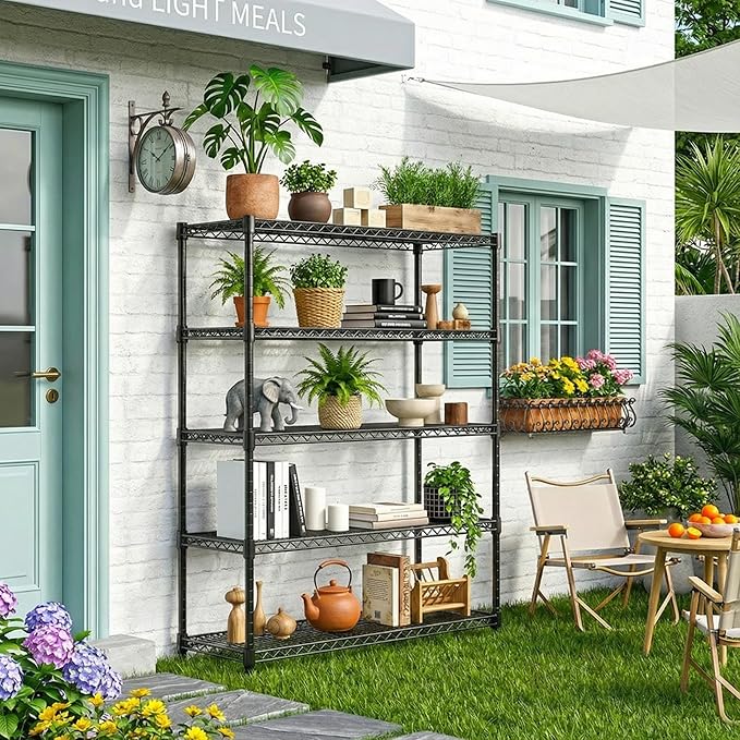 5 Tiers Shelf Metal Storage Shelves Standing 1750 LBs Household Shelf Organizer for Kitchen Pantry Closet Garage Basement Utility Room, Black15.7 D x 45.3" W x 70.4" H