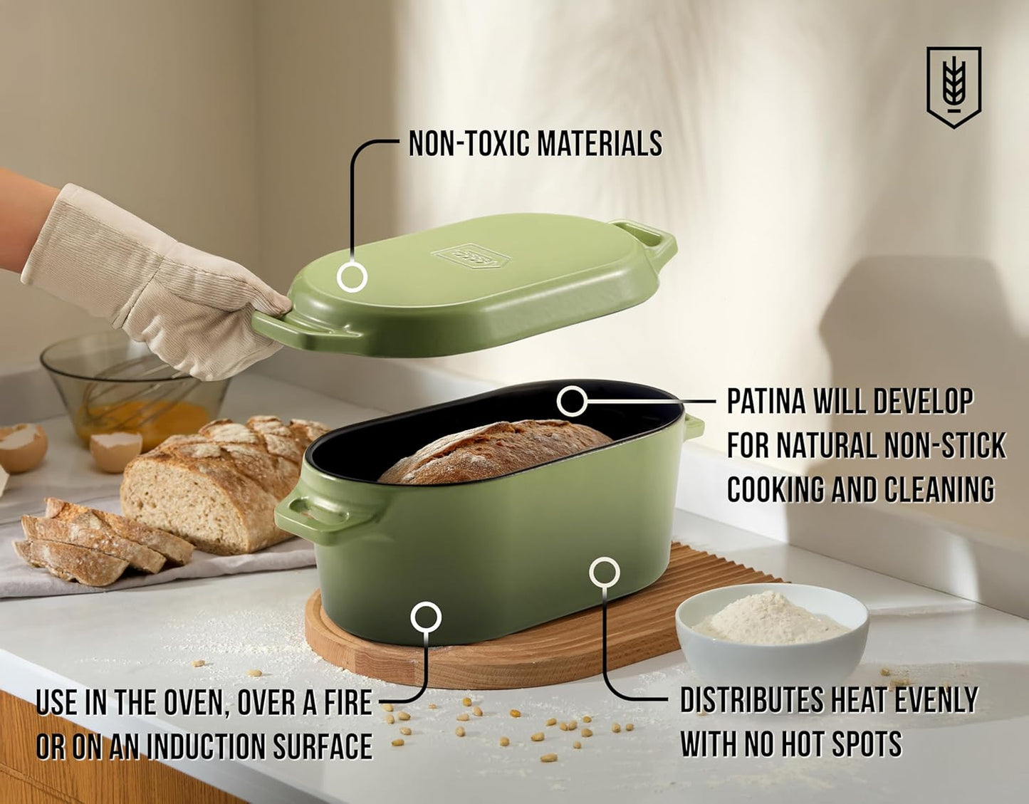 Kook Dutch Oven, for Bread Baking, Sourdough Loaf Pan, Dual Handles, Enameled Cast Iron, with Sling, Dishwasher Safe, 3.4 Qt, Sage Ombre