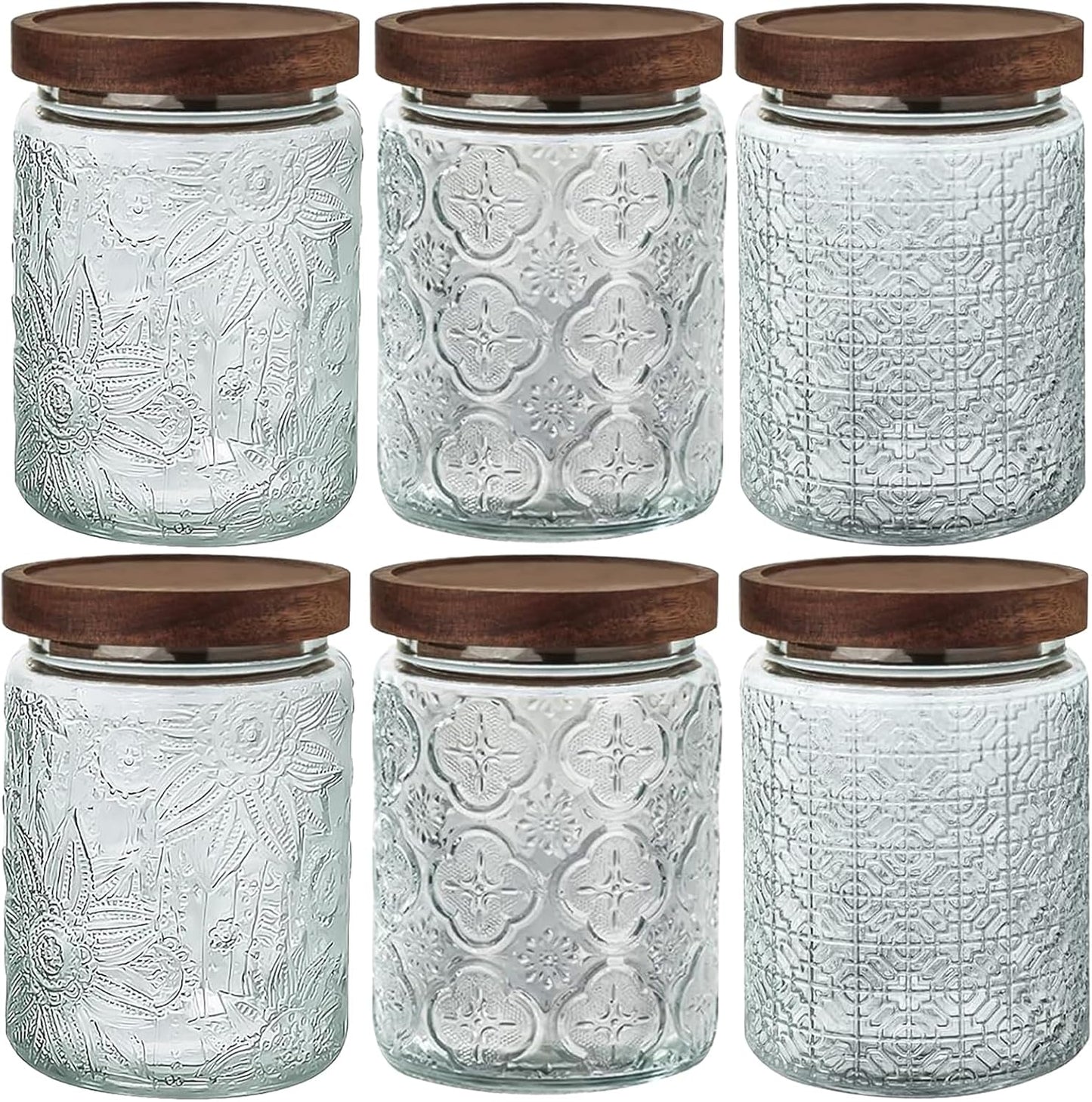 24 OZ Airtight Glass Storage Jar with Bamboo Lid - Vintage Glass Jar Vintage Food Containers Canisters Set for Kitchen Counter & Pantry - Ideal for Sugar, Flour, Coffee, Tea, Candy, Oats -6 Pack