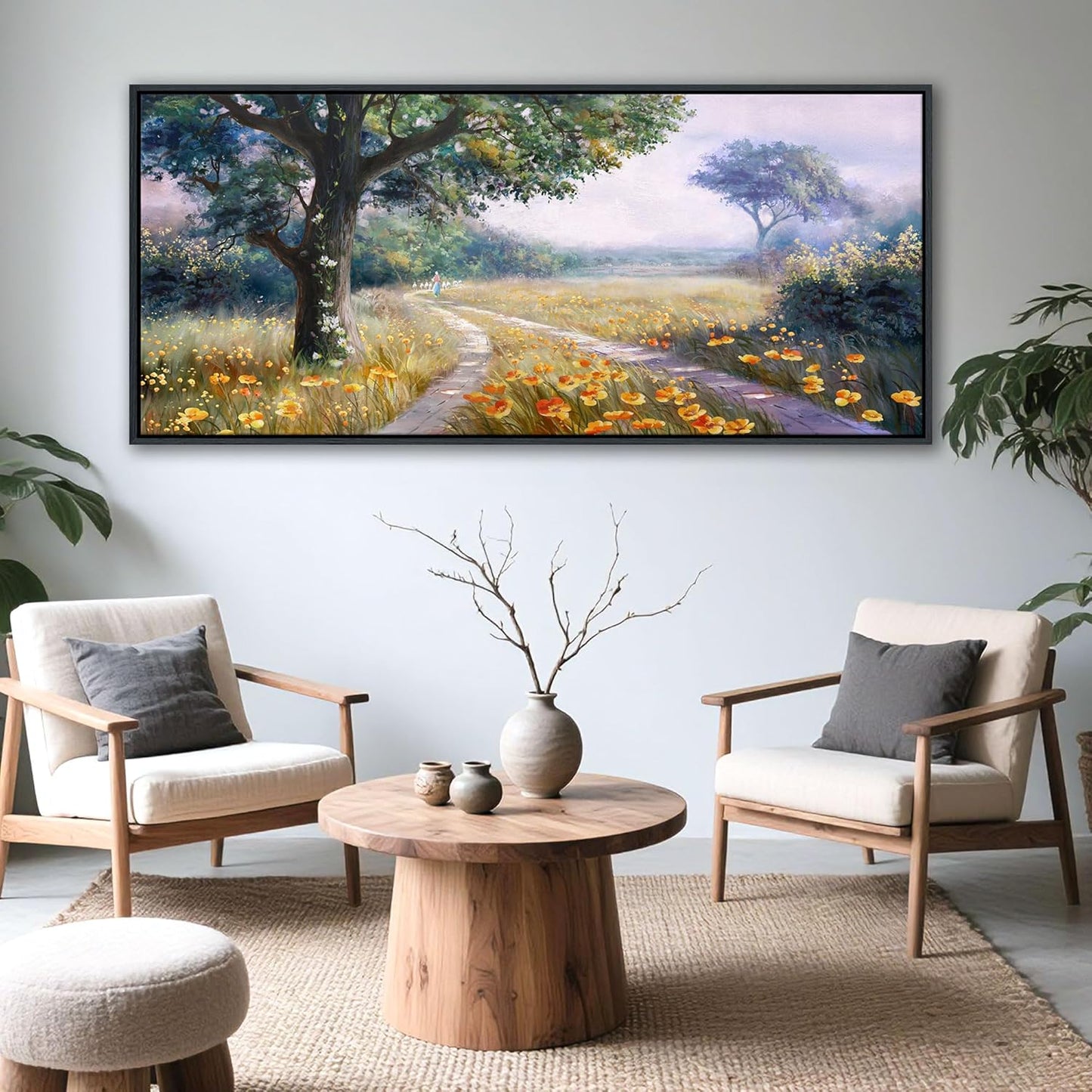 CHATYOUNG Large Landscape Wall Art, Rustic Wildflowers Way Home Yellow Green Pictures Farmhouse Canvas Painting Framed Artwork for Bedroom Living Room Kitchen Home Office Wall Decor 71"x32"