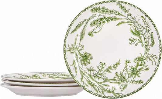Bico Green Garden Toile De Jouy Dinner Plates Set of 4, 11 Inch Large Ceramic Plates for Pasta, Steak, Stylish Serving Dishes, Microwave and Dishwasher Safe, Gift for Housewarming and Thanksgiving
