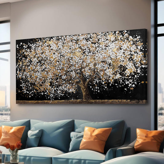 Large Wall Art for Living Room Gold Wall Decorations White Wall Pictures Tree Canvas Wall Art Decor Black Print Photos for Living Room Hotel 29"x58"